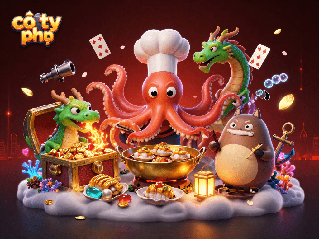 Experience cờ tỷ phú's vibrant casino world with an octopus chef, dragon, and tanuki amidst treasure.