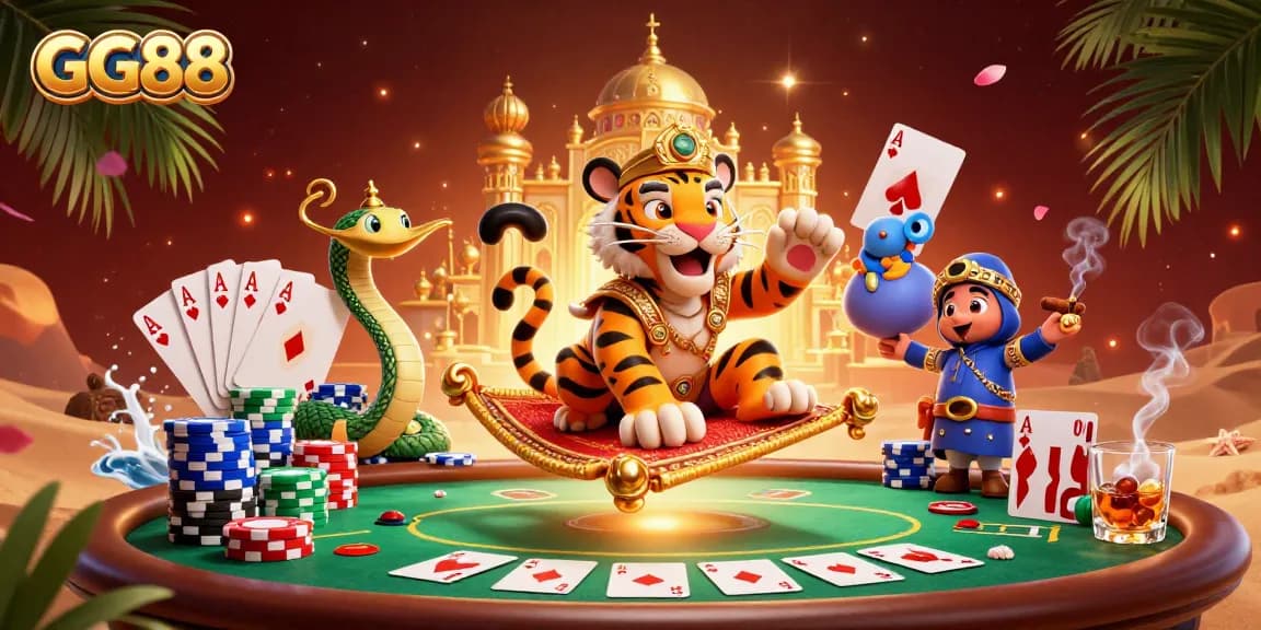 Engage in glorious gaming adventures with GG88's vibrant 3D casino scene, showcasing thrilling poker action.