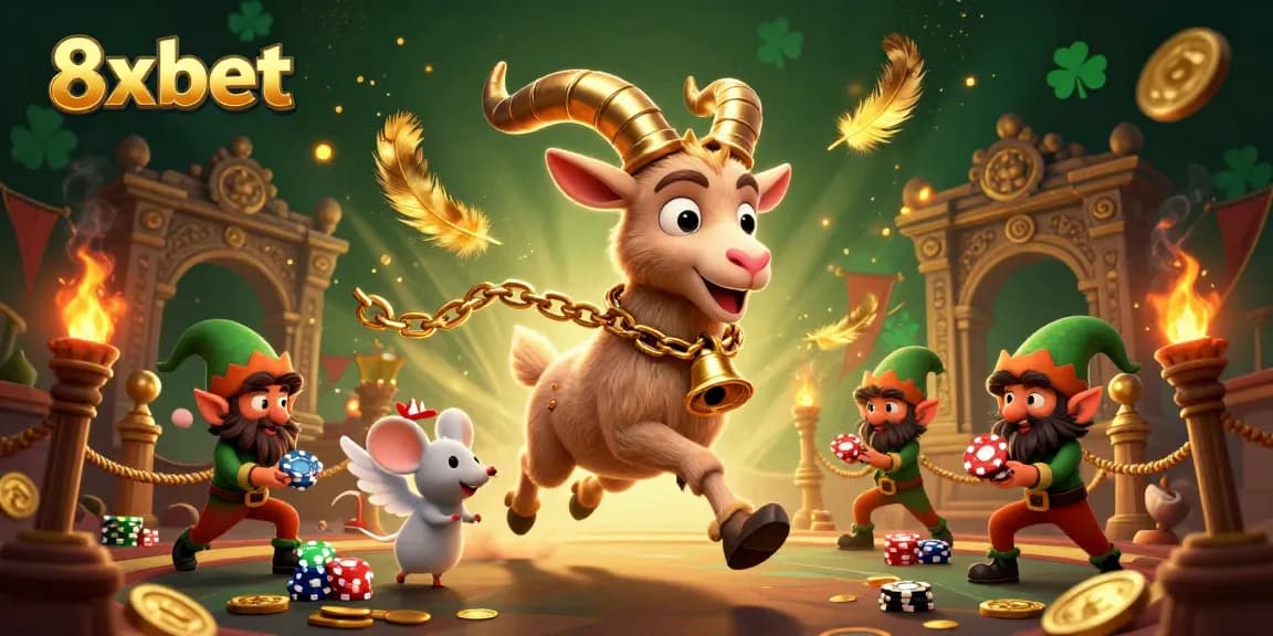 Experience the excitement at 8xbet with a dynamic 3D casino scene featuring whimsical characters and vibrant game elements.