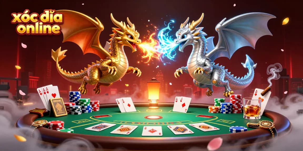 Engage with xóc đĩa online as twin dragons embody fire and ice over a lively poker setup.