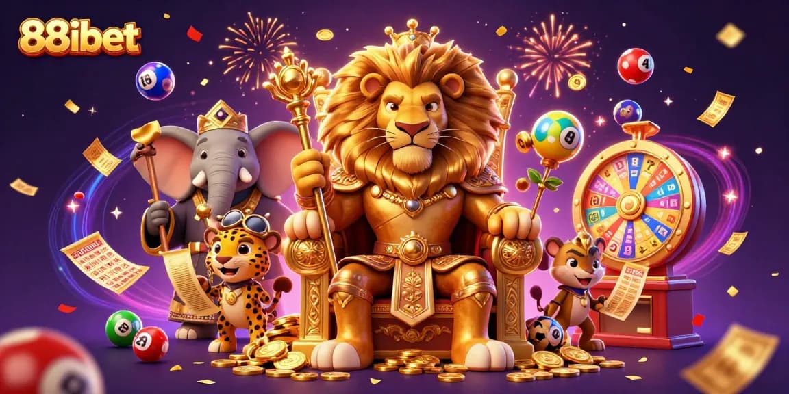 Experience 88ibet with thrilling lottery action featuring a lion king, elephant advisor, and cheetah messenger.