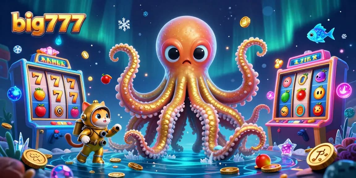 Experience big777 with a colossal kraken and diving cat amidst vibrant casino slot game elements.