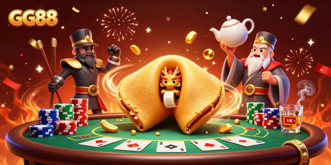 Engage with GG88's vibrant gaming scene featuring a wise dragon and golden fortune cookie.