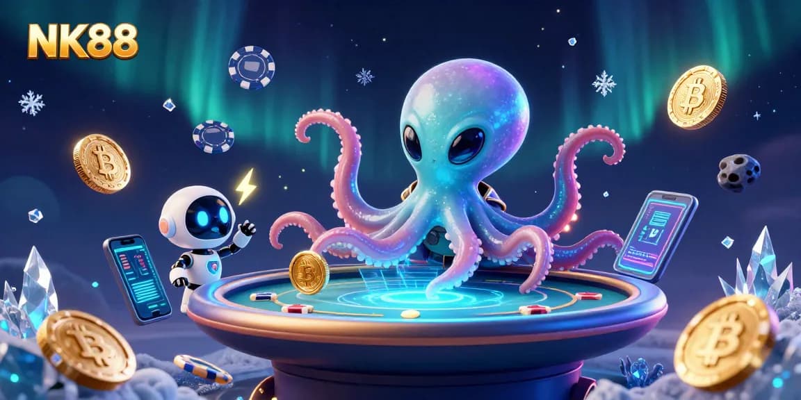 NK88 offers an exciting gaming experience with vibrant characters playing holographic poker in a cosmic setting.