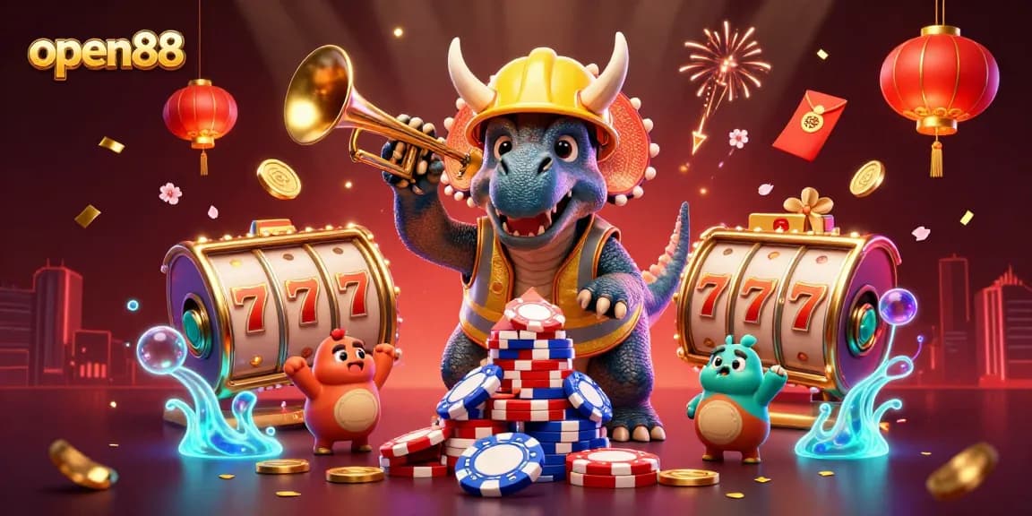 Enjoy thrilling gaming excitement with open88 as triceratops and friends build a poker chip pyramid.