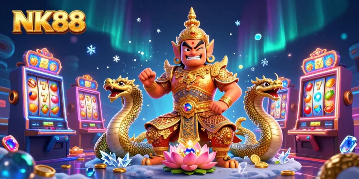 Experience thrilling jackpots at NK88 with colorful slot machines and lively characters in a vibrant casino scene.