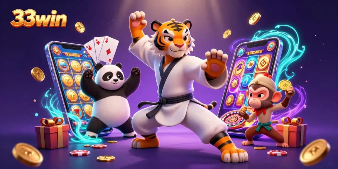 Engage in thrilling action with 33win’s dynamic casino illustration featuring a kung fu tiger and playful characters.