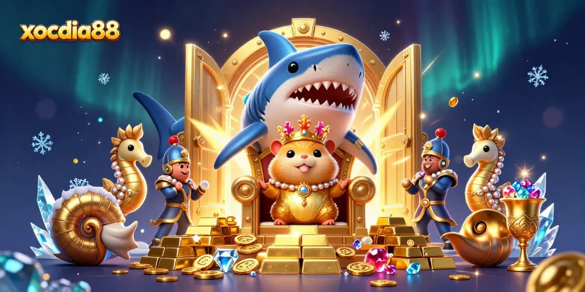 Xocdia88 showcases a golden hamster king on a megalodon throne amidst dynamic casino game elements and treasures.