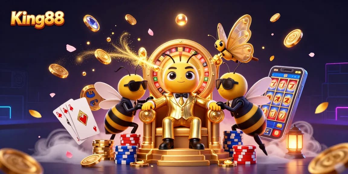 Experience thrilling gameplay at King88 with an exciting 3D casino scene featuring vibrant gaming elements.