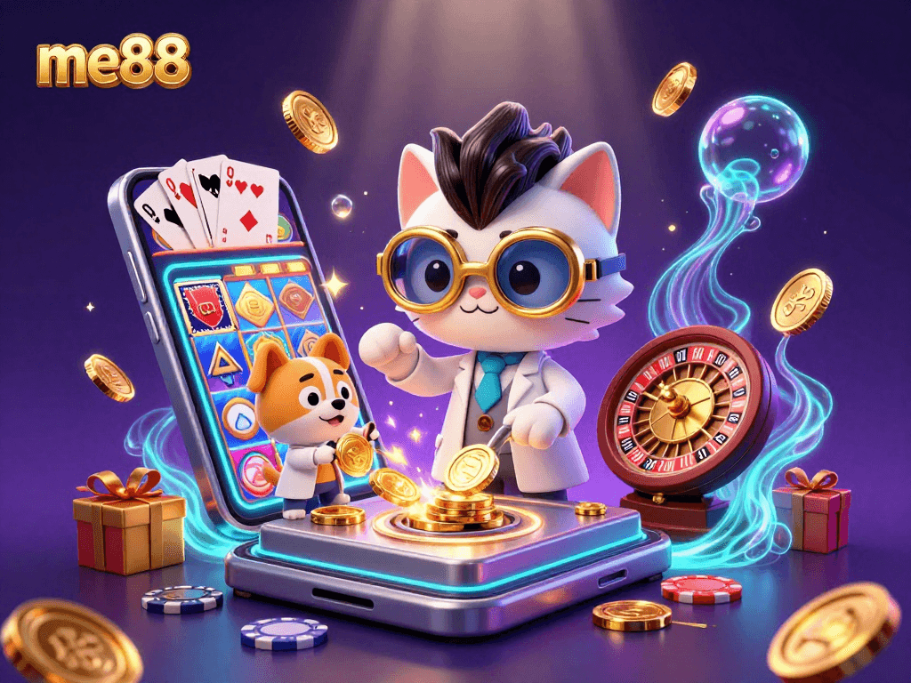 Win big with me88's vibrant online slots and casino games in a magical scene.
