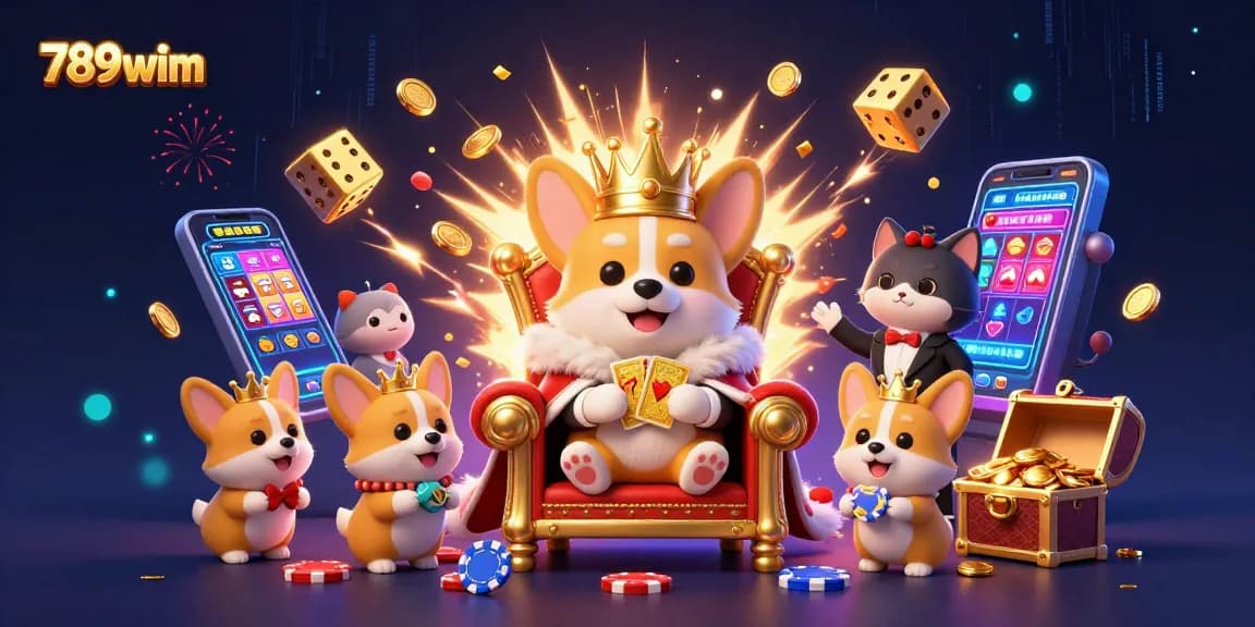 Experience the thrill of winning at 789wim with a playful royal corgi and vibrant casino elements.