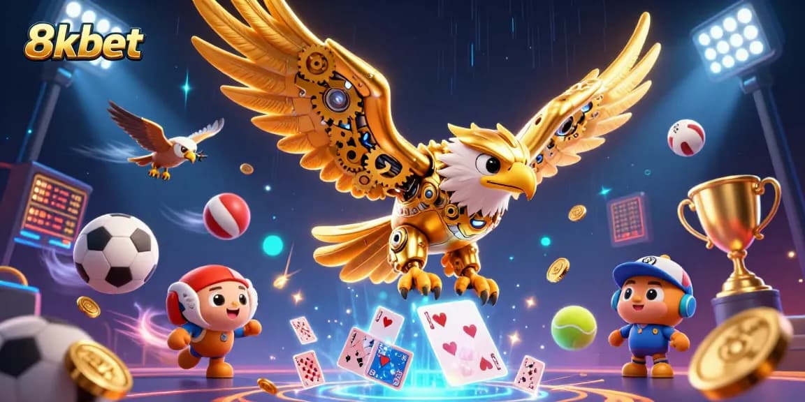 Experience the thrill of 8xbet as the cybernetic eagle dives through holographic playing cards amidst a dynamic sports betting scene.
