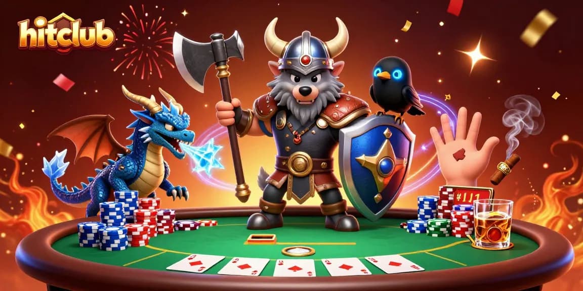 Join the excitement at hitclub with a thrilling poker showdown featuring a Viking wolf warrior and fierce dragon.