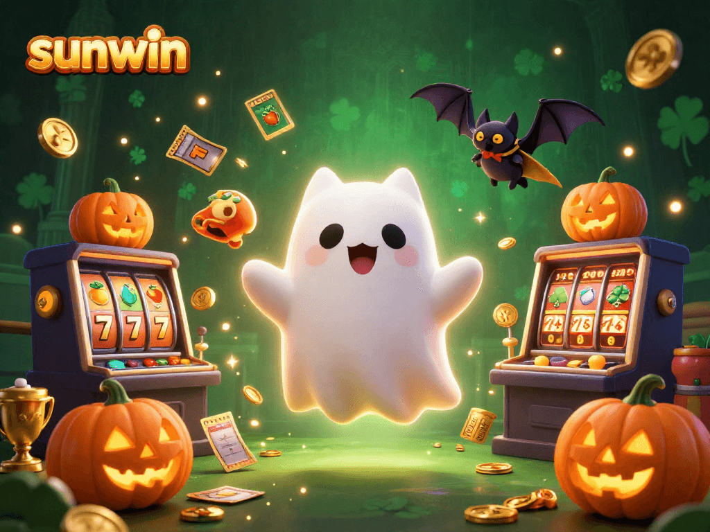 Win big at sunwin with a lively ghost cat and vibrant casino symbols in a dynamic illustration.