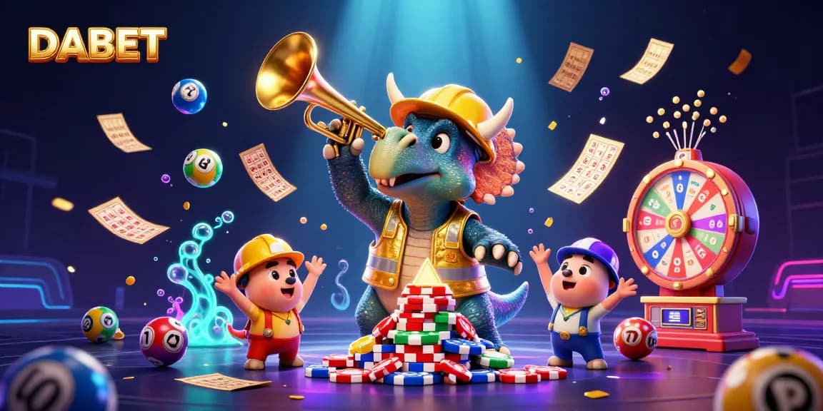DABET showcases a lively 3D scene with a triceratops stacking poker chips and celebrating with vibrant casino elements.