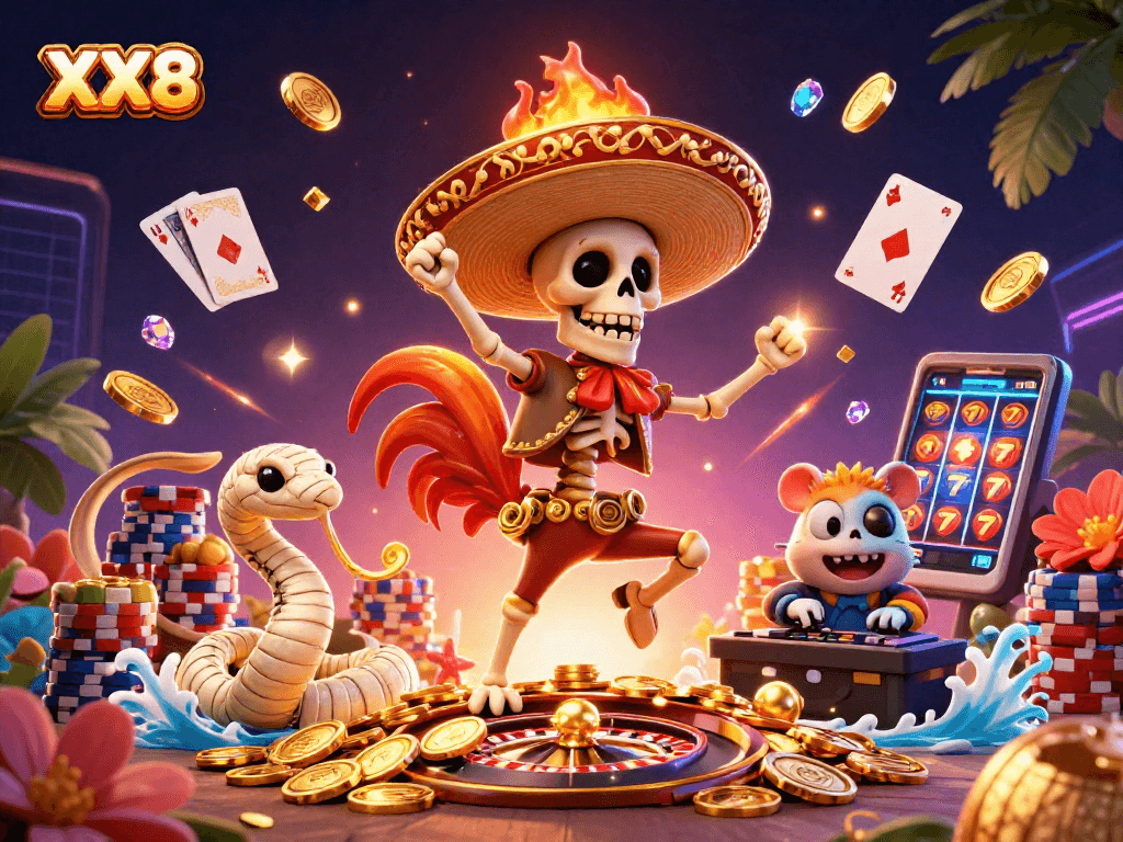 Celebrate big wins at XX8 casino with a vibrant 3D scene of playful characters and casino elements.
