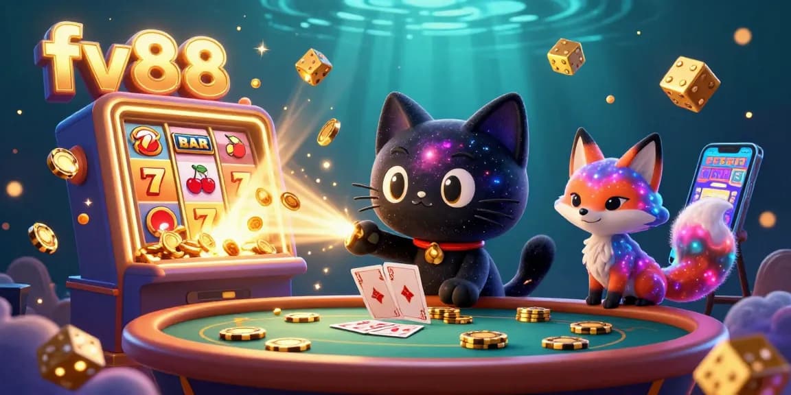 Engage with fv88's thrilling cosmic casino scene featuring a black hole cat and colorful fox!
