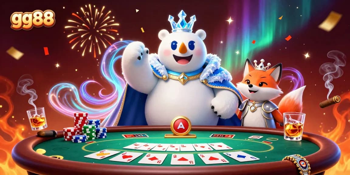 Experience thrilling poker action with gg88's vibrant gaming scene featuring a royal polar bear and fox.
