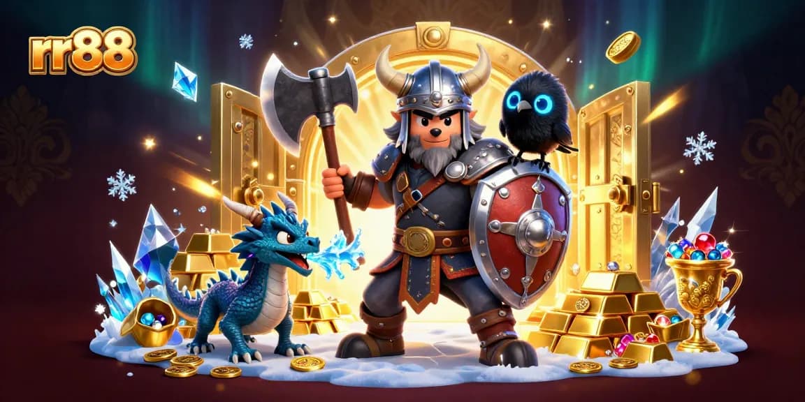 rr88 engages players with thrilling games, showcased by Viking warrior and dragon in a treasure-filled scene