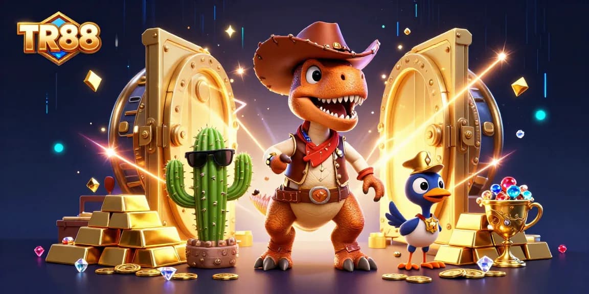 TR88 captivates players with vibrant 3D casino scene featuring a T-Rex, cactus buddy, and roadrunner among treasures.