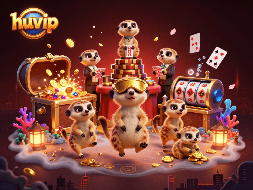 Experience high-stakes action in huvip's dynamic casino world featuring cartoon meerkats.