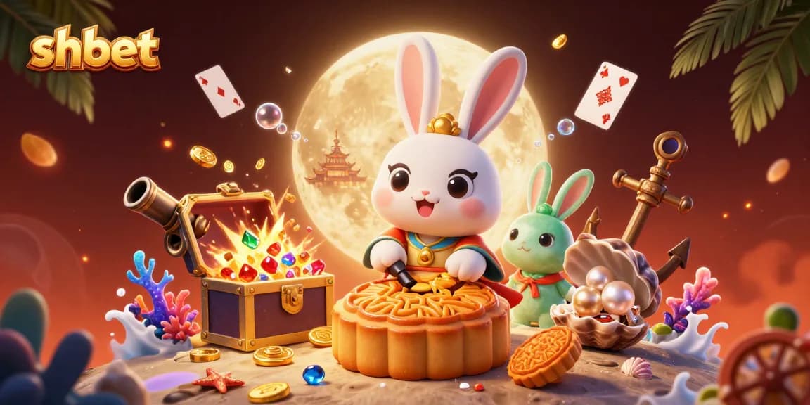 Experience shbet's vibrant casino world as the moon rabbit reveals poker chips in 3D fantasy.