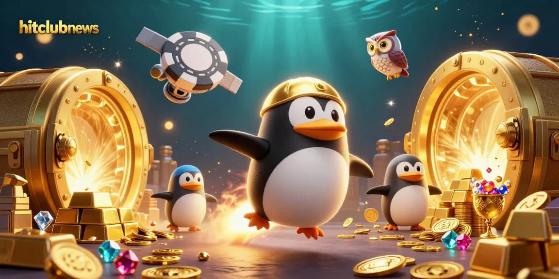 Hitclubnews showcases a golden penguin soaring towards a casino chip, bringing luck and treasures.