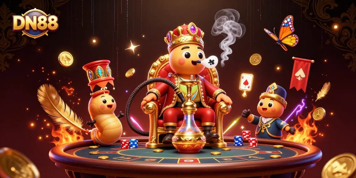 Engage in thrilling poker games with DN88, featuring rich casino elements and vibrant characters.