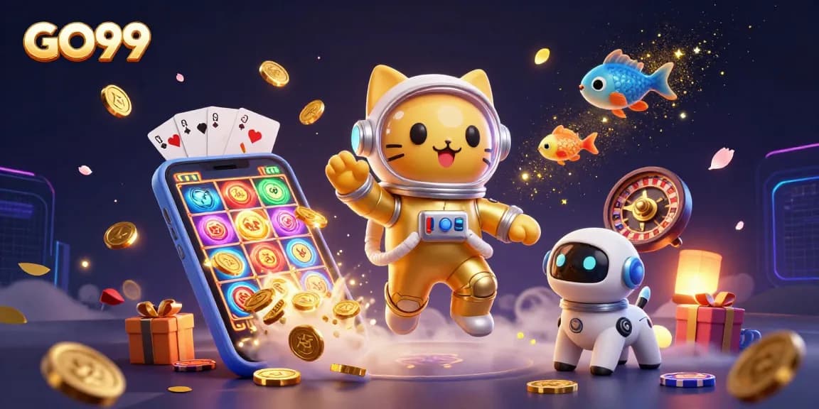 Win big with GO99 in this vibrant casino-themed 3D illustration featuring dynamic slot gaming elements.