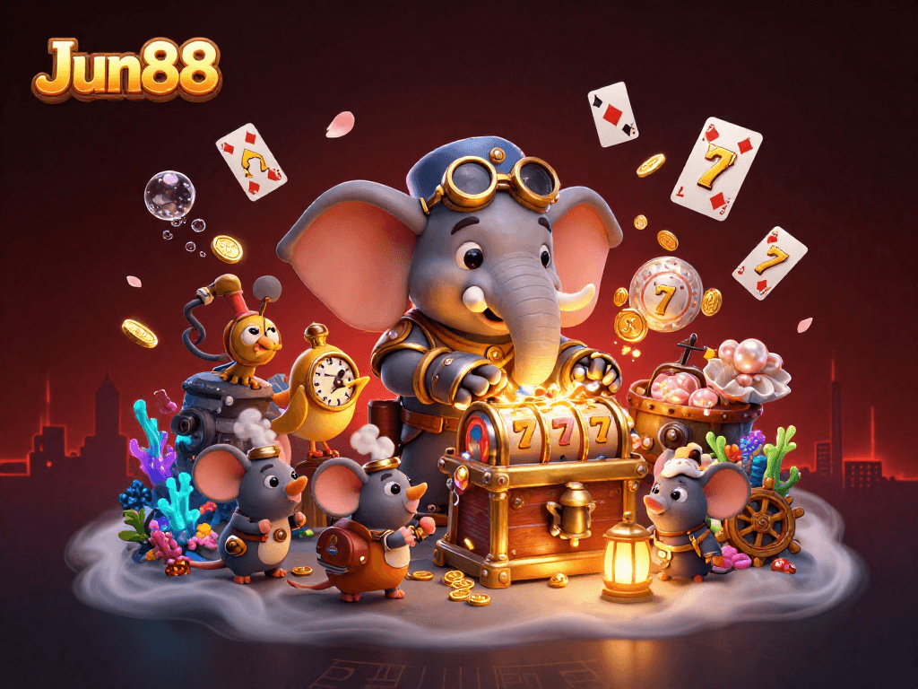 Experience thrilling game action at Jun88 with a steampunk elephant engineer and vibrant slot machine.