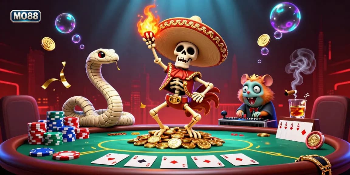 Experience MO88 in a vibrant 3D casino scene with a celebratory skeleton mariachi and poker elements.