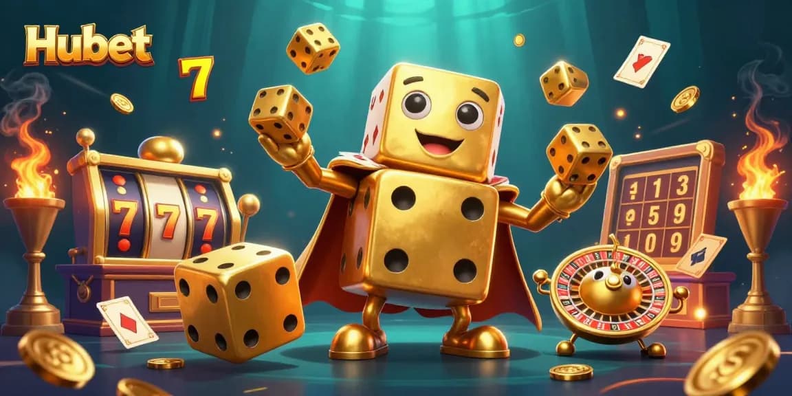 Win big with Hubet's lively casino games, featuring dynamic golden dice and vibrant slot elements.