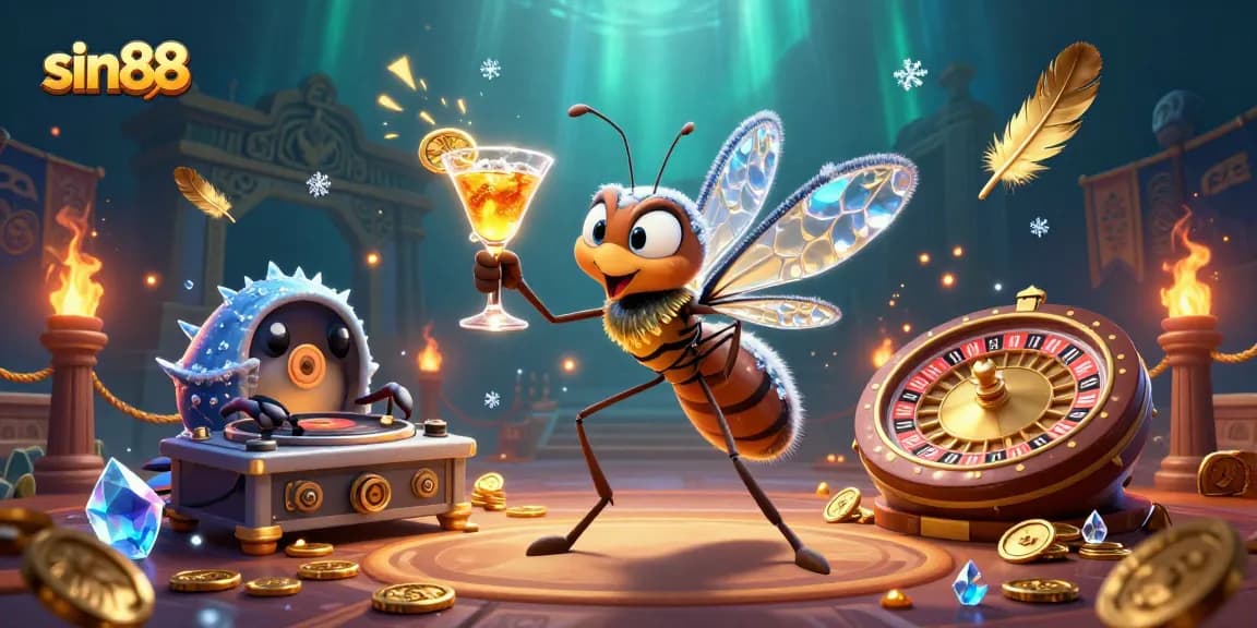 Experience sin88's casino adventures with vibrant characters in an energetic 3D illustration.
