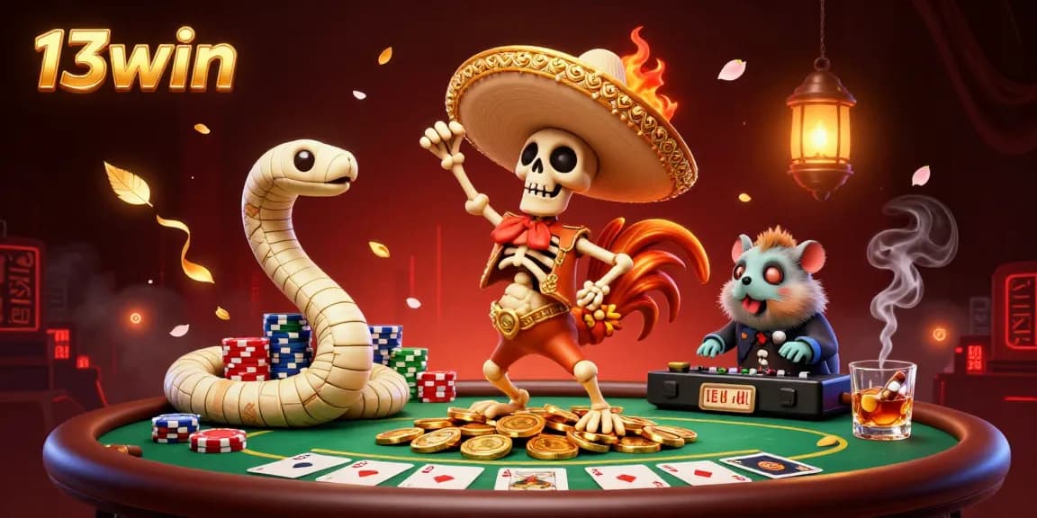 Experience thrilling bets with 13win as a cartoon rooster celebrates on golden coins.