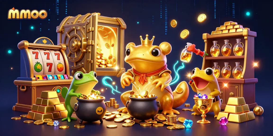 Experience thrilling winnings in mmoo's vibrant casino with gold, gems, and enchanting characters.