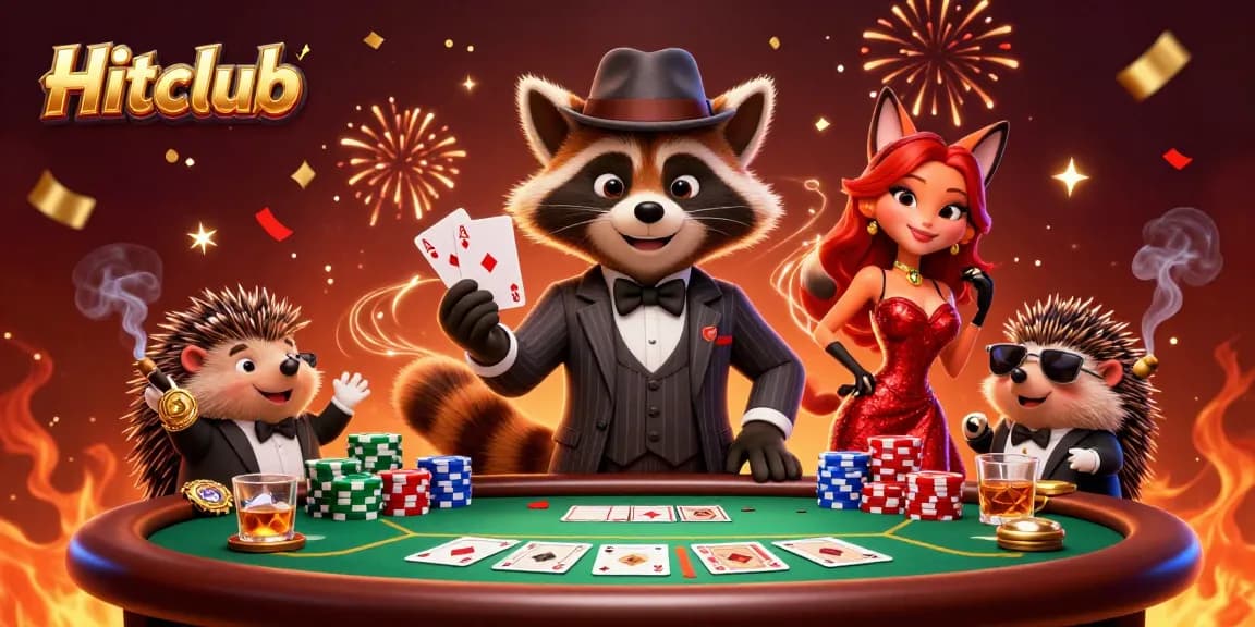 Experience the excitement of Hitclub with a charming raccoon in a royal flush scene