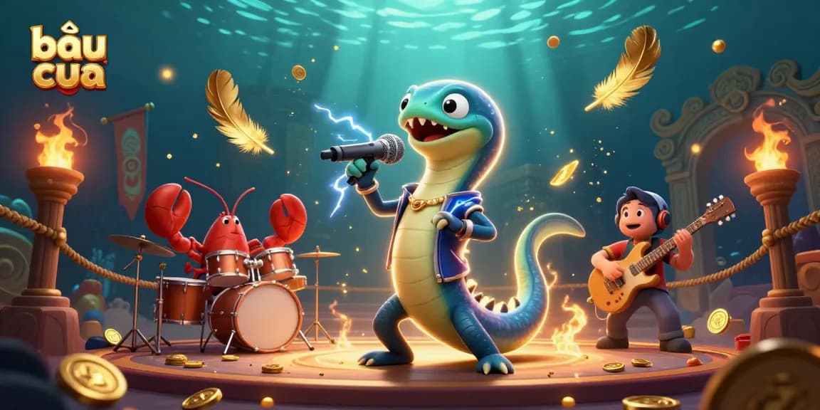 Experience bầu cua with vibrant underwater casino scene featuring electric eel DJ and band.