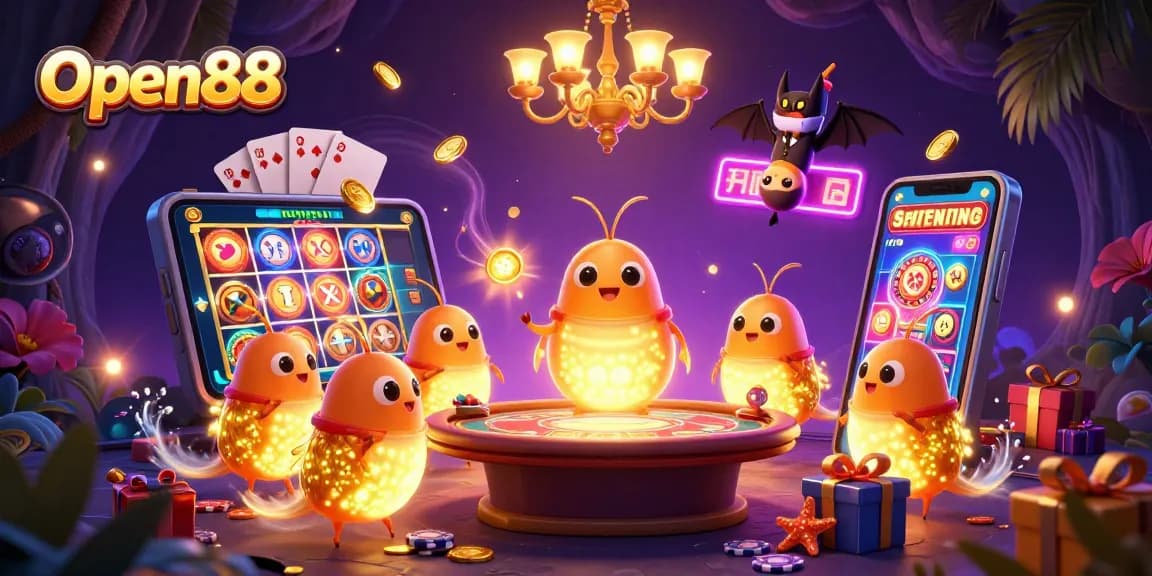 Open88 players enjoy the vibrant casino experience amidst glowing glowworms and exciting gaming action.