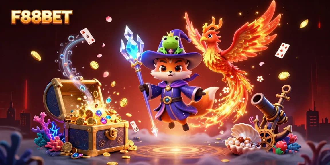 Experience thrilling gameplay with F88BET's immersive casino features in a vibrant 3D illustration.