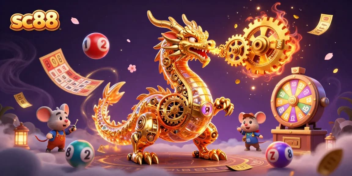 sc88 gamifies the excitement with a golden dragon and lottery elements amidst dynamic action.