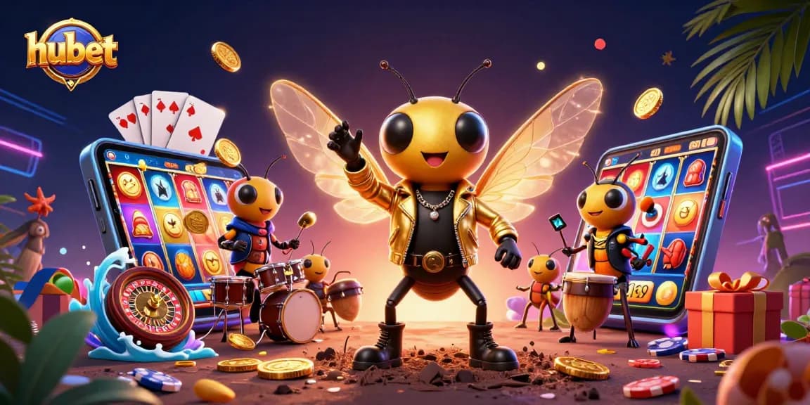 Experience excitement at hubet with a vibrant 3D illustration of a rock star cicada, energy, and slot games.