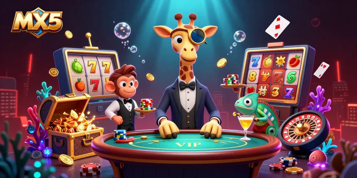 Experience thrilling wins at MX5 with a dynamic scene featuring a giraffe at a VIP poker table, embodying luxury and fun.