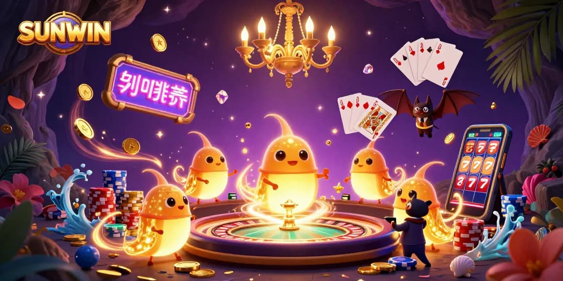 SUNWIN glows with excitement in this vibrant illustrated casino scene, featuring glowworms and a bat dealer.