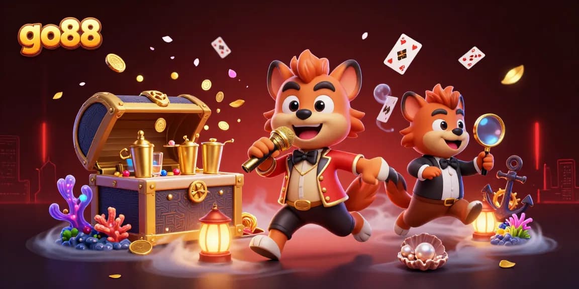 Experience exciting games at go88 with a vibrant casino atmosphere featuring lively hyena characters.