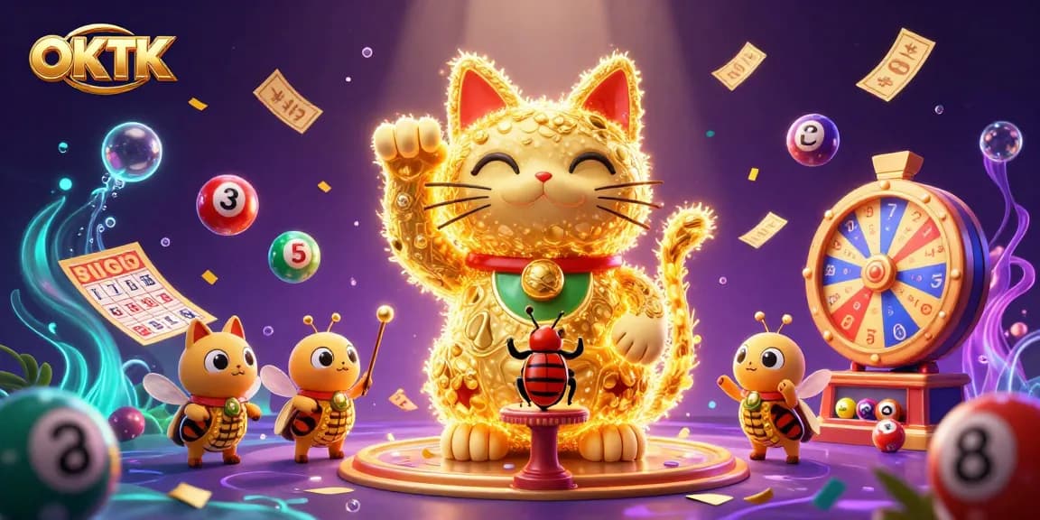 Launch your luck with OKTK's giant lucky cat in this vibrant casino scene.