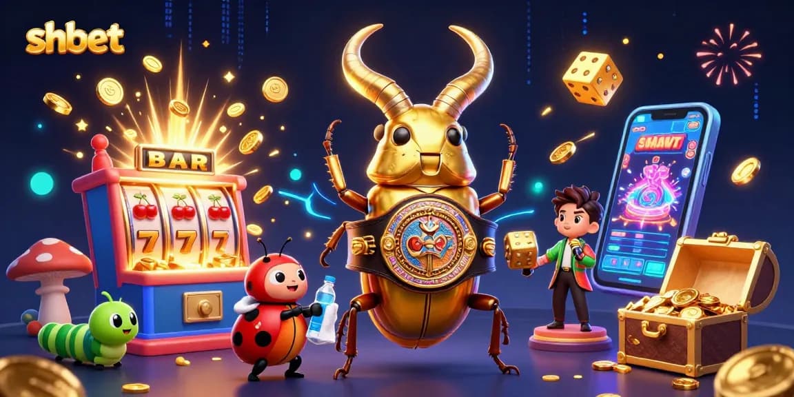 Win big with shbet - vibrant casino scene featuring a golden stag beetle boxing champ!