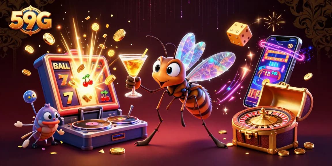 Experience the excitement of 59G with vibrant illustrations of casino fun, jackpot wins, and game elements.