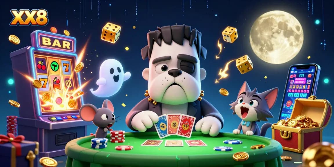 Engaging scene at XX8 featuring a cartoon bulldog card dealer, ghost mouse, and a werewolf kitten under a glowing moon.