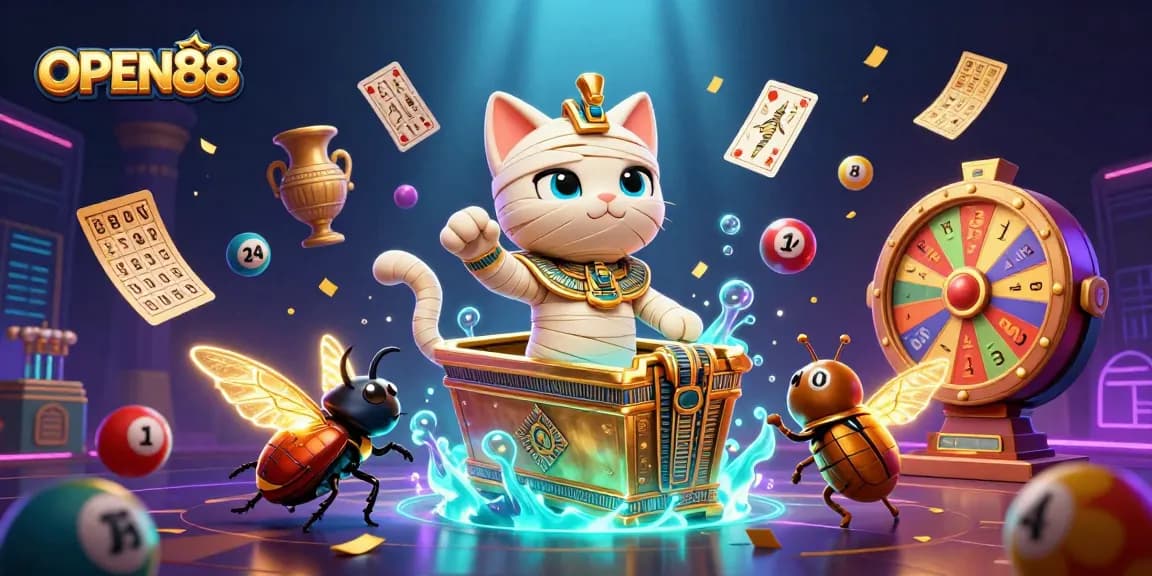 Experience the thrill of OPEN88 with a vibrant 3D casino scene featuring a mummy cat and gold treasures.
