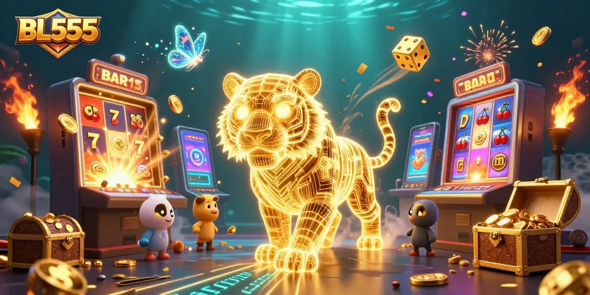 Experience the excitement at BL555 with dynamic casino elements and vibrant golden characters.